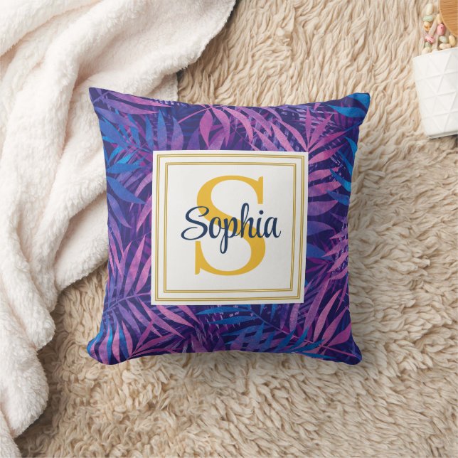 Modern Tropisk Palmblad Skriptnamn Monogram Kudde (Filt)