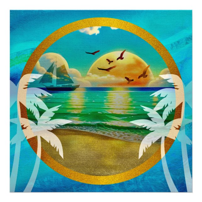 Modern tropisk persiko-Träd-solnedgång i Handflata Fototryck (Framsidan)