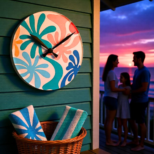 Modern Tropisk Retro Palm Mönster Rund Klocka (Modern Tropical Retro Palm Pattern Round Clock)