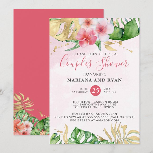 Modern Tropisk Sommar Blommig Par Baby Shower Inbjudningar (Fram/baksida)