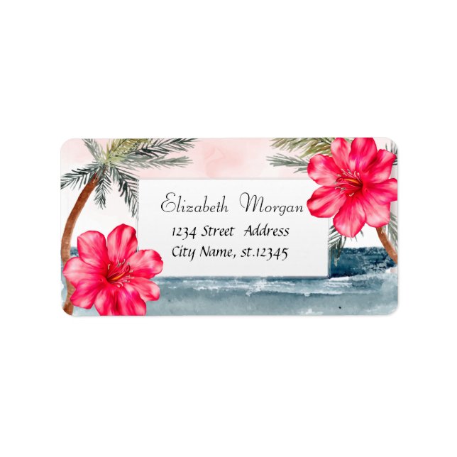 Modern tropisk strand,Handflatan,Hibiscus Adressetikett (Framsidan)
