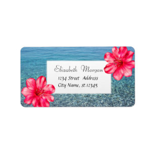Modern tropisk strand, hav, hibiskus adressetikett