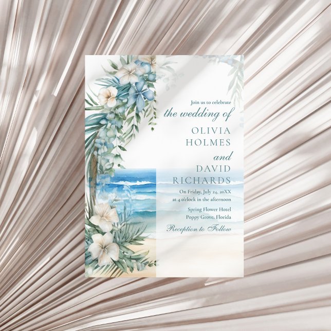 Modern Tropisk Strand- och Blomsterbåge Bröllop Inbjudningar (Modern Tropical Beach and Floral Arch Wedding Invitation on a sunny neutral dry palm leaf.)