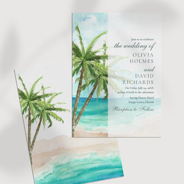 Modern Tropisk Strand och Palmträd Bröllop Inbjudningar (Modern Tropical Beach and Palm Trees Wedding Invitation on a white table.)