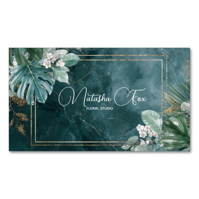 Modern Tropisk Teal Marmor & Guld Glitter Magnetiska Visitkort (Framsida)
