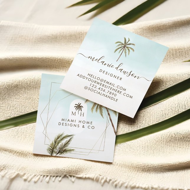 Modern tropisk vattenfärg Handflatan Träd Monogram Fyrkantigt Visitkort (Modern Tropical Watercolor Palm Trees Monogram Square Business Card)