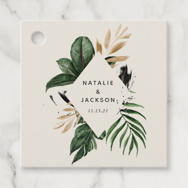 Modern tropiska abstrakt målad bröllop gåvor etiketter (Framsida)