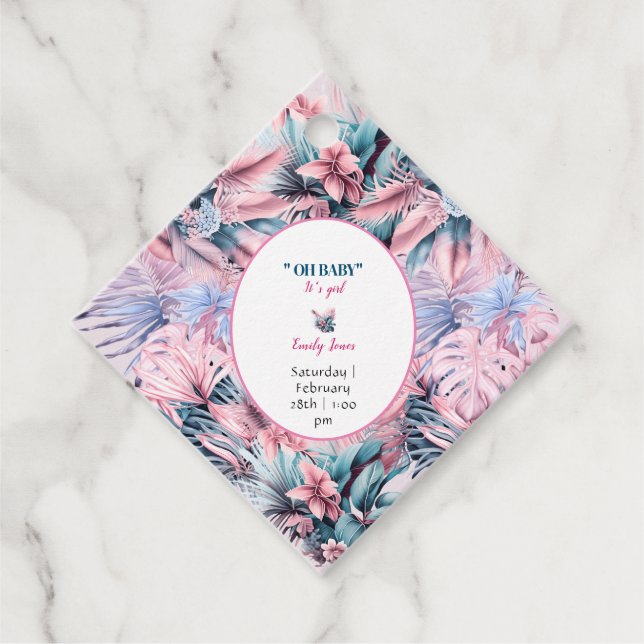 Modern tropiska pastellskal rosa blå åskdusch gåvor etiketter (Framsida)