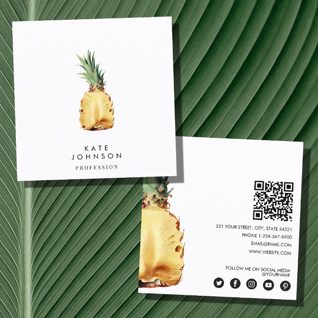 Modern Tropiskt ananas QR-kod Social Media Fyrkantigt Visitkort (Skapare uppladdad)