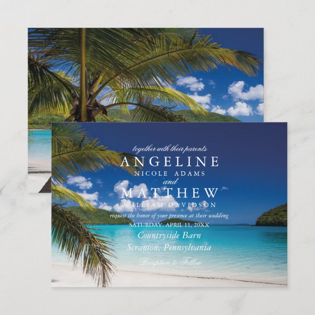 Modern Tropiskt Beach-kort för Bröllop vid träd vi Inbjudningar (Fram/baksida)