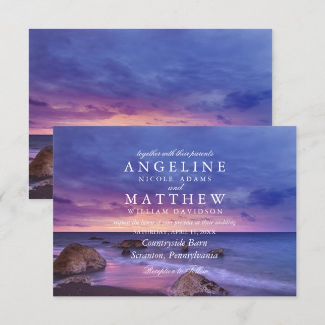 Modern Tropiskt Beach Sand Sunset Sea Bröllop Card Inbjudningar (Fram/baksida)