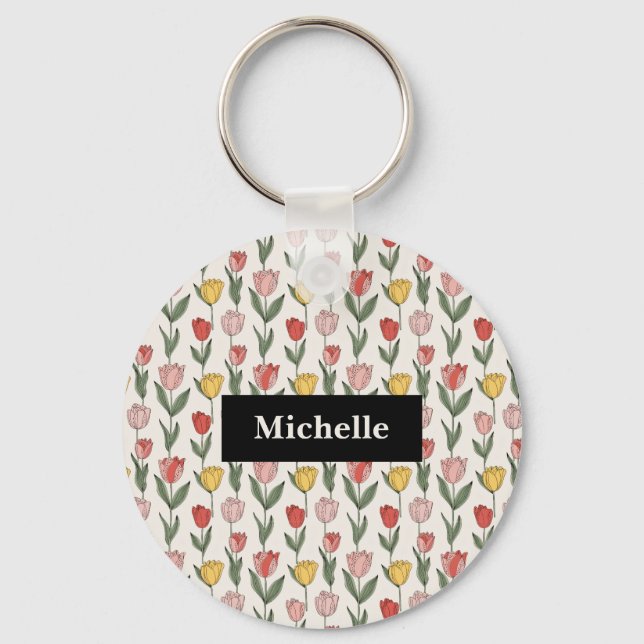 Modern Tulip Floral Pattern Soft Botanical Spring Nyckelring (Framsida)