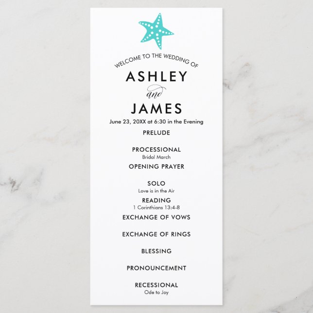 Modern Turcoise Starfish Bröllop Ceremony Program (Framsida)