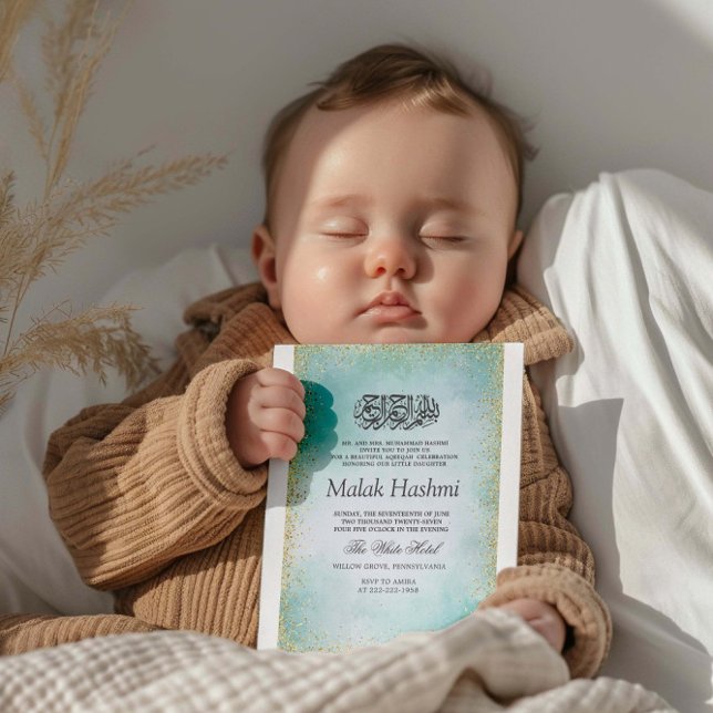 Modern Turcouise Gliter Islamic Aqiqa Aqeeqah Inbjudningar (Skapare uppladdad)
