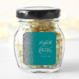 Modern turkos blå silver glitter kant bröllop fyrkantigt klistermärke