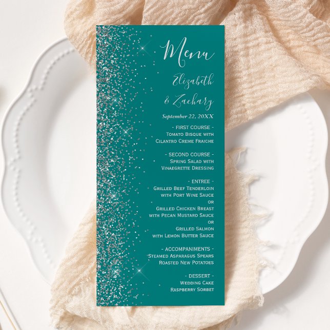 Modern turkos blå silver glitter kant bröllop meny (Skapare uppladdad)