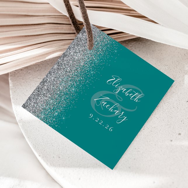 Modern turkos blå silverglitterbröllop gåvor etiketter (Skapare uppladdad)