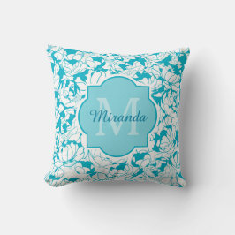 Modern turkos Blommigt Girly Monogram med Namn Kudde