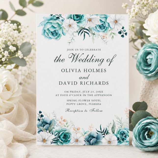 Modern turkos blomster botanisk bröllopsinbjudan inbjudningar (Modern Teal Floral Botanical Wedding Invitation)