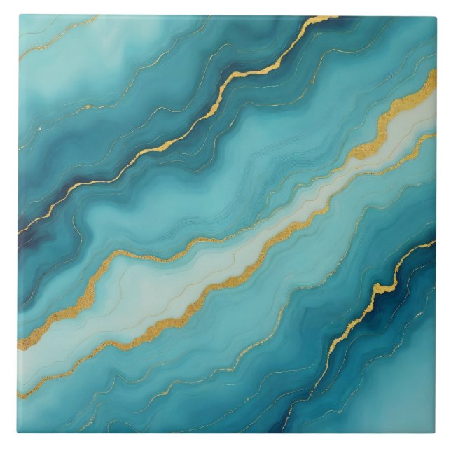 Modern turkos Blue Guld Marble Collection Kakelplatta (Framsidan)