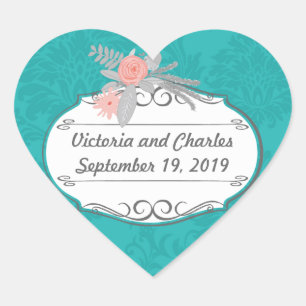 Modern turkos Chartreuse Damask Wedding Hjärtformat Klistermärke