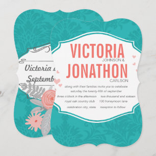 Modern turkos Chartreuse Damask Wedding Inbjudningar