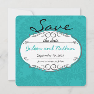 Modern turkos Chartreuse Damask Wedding Inbjudningar