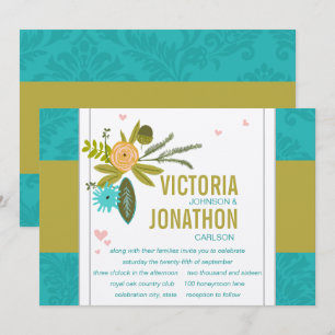 Modern turkos Chartreuse Damask Wedding Inbjudningar
