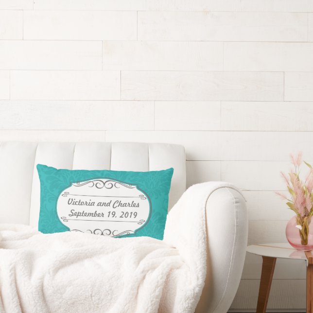 Modern turkos Chartreuse Damask Wedding Lumbarkudde (Soffa)