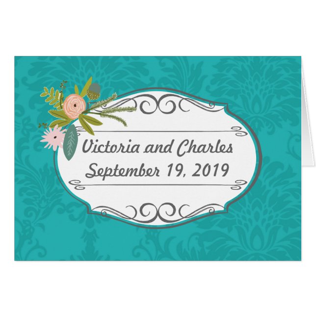Modern turkos Chartreuse Damask Wedding OBS Kort (Framsidan Horizontal)