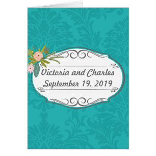 Modern turkos Chartreuse Damask Wedding OBS Kort