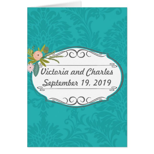 Modern turkos Chartreuse Damask Wedding OBS Kort (Framsidan)