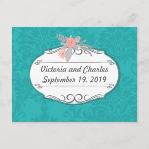 Modern turkos Chartreuse Damask Wedding Vykort