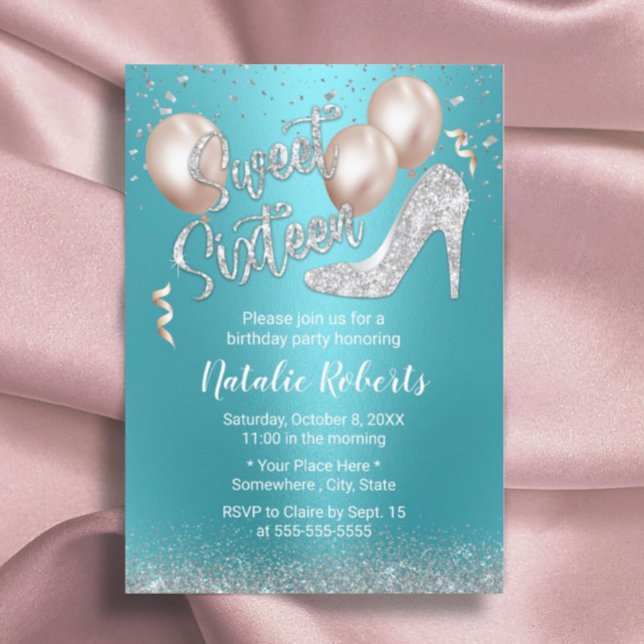 Modern turkos Elegant Silver High Heel Sweet 16 Inbjudningar (Skapare uppladdad)