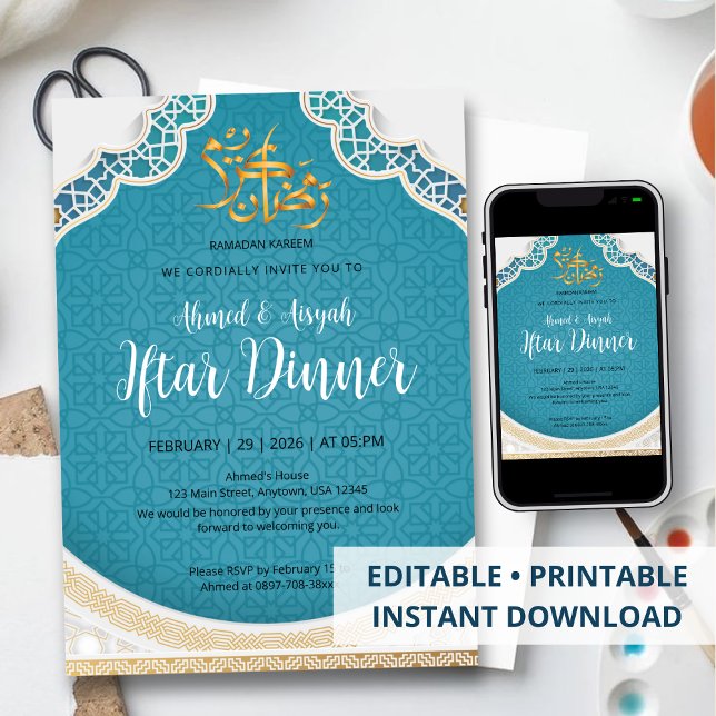 Modern Turkos Geometrisk Islamisk Iftar Inbjudningar (Skapare uppladdad)
