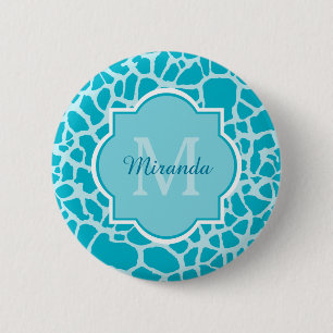 Modern turkos Giraffe Skriv ut Monogram med Namn Knapp