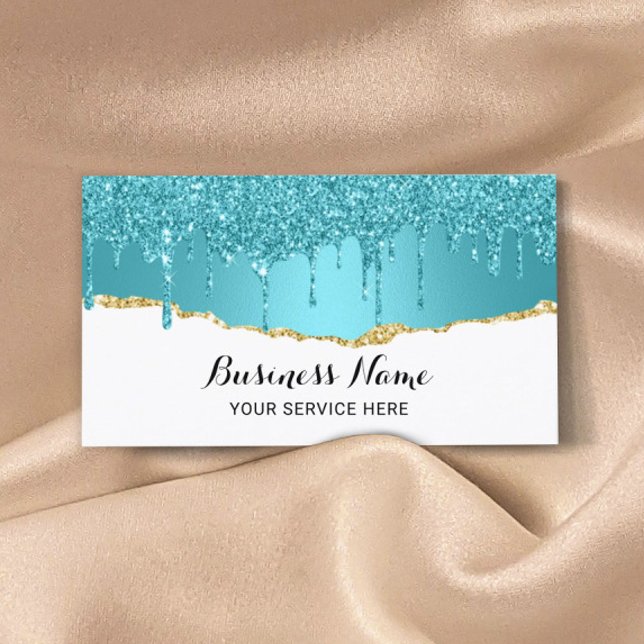 Modern turkos Glitter Drips Abstrakt Guld Teal Visitkort (Skapare uppladdad)
