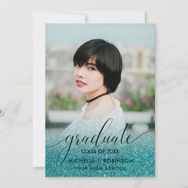 Modern turkos Glitter Ombre Girly Photo Meddelande (Framsida)