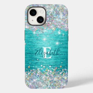 Modern turkos Holography Faux Glitter Monogram