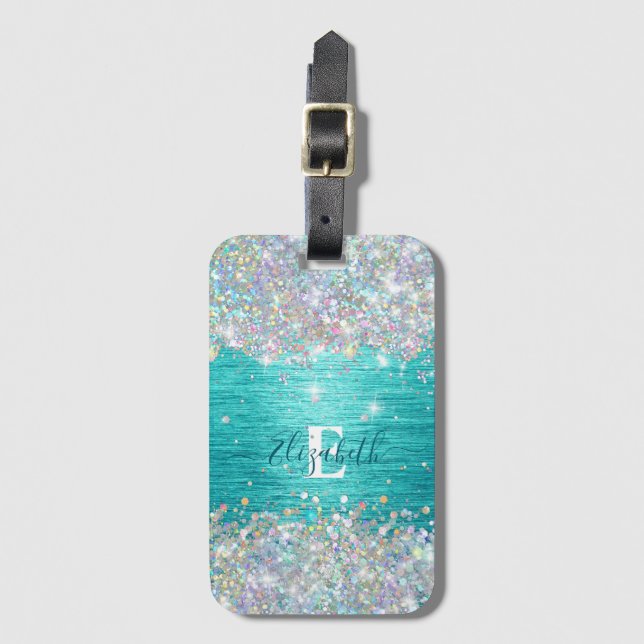 Modern turkos Holography Faux Glitter Monogram Bagagebricka (Framsida vertikal)