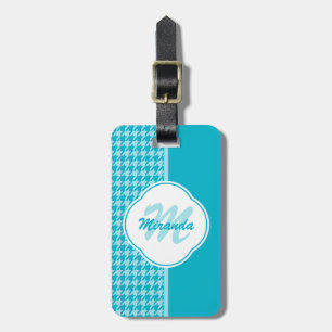 Modern turkos Houndstooth Monogram och Namn Bagagebricka