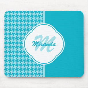Modern turkos Houndstooth Monogram och Namn Musmatta