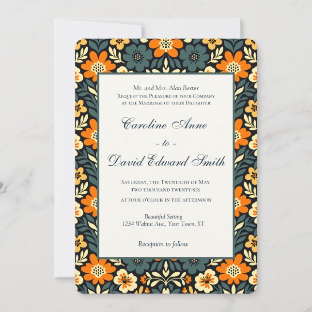 Modern turkos och orange blomsterdesign inbjudningar (Framsida)