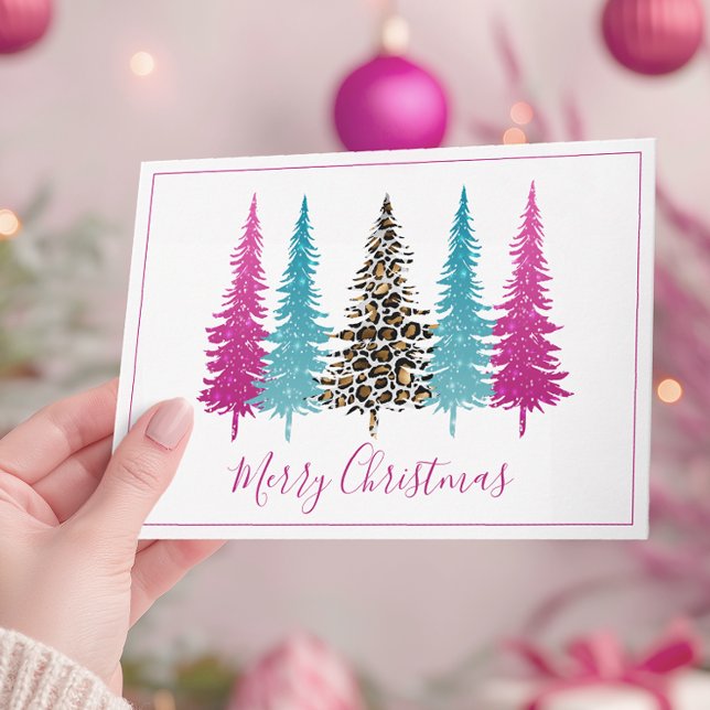 Modern turkos och Rosa Julgranar Helgkort (Modern Pink Christmas Card)