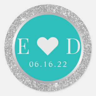 Modern turkos och Silver Glitter Monogram Bröllop Runt Klistermärke