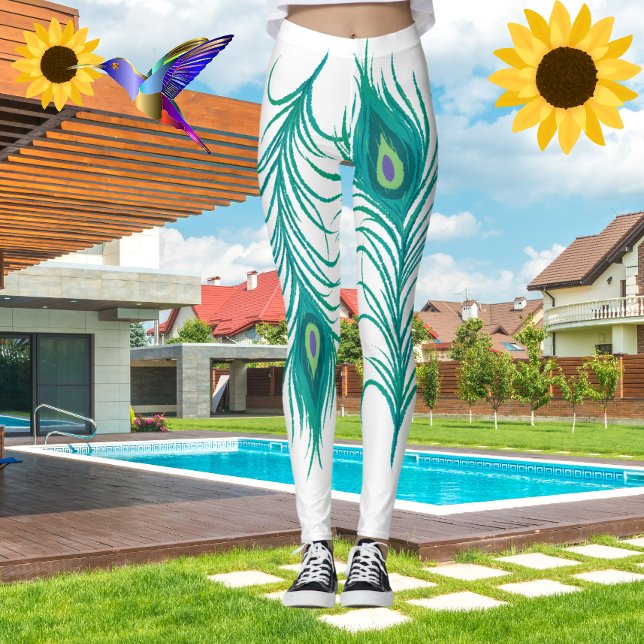 Modern turkos Peacock Feathers White Leggings (Skapare uppladdad)
