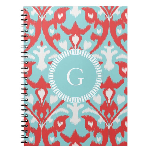 Modern turkos red ikat tribal mönster monogram anteckningsbok med spiral (Framsidan)