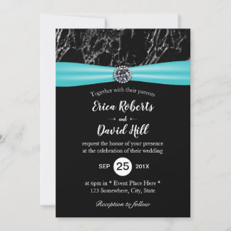 Modern turkos Ribbon Black Marble Bröllop Inbjudningar