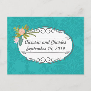 Modern turkos Rosa och Coral Damask Wedding Vykort