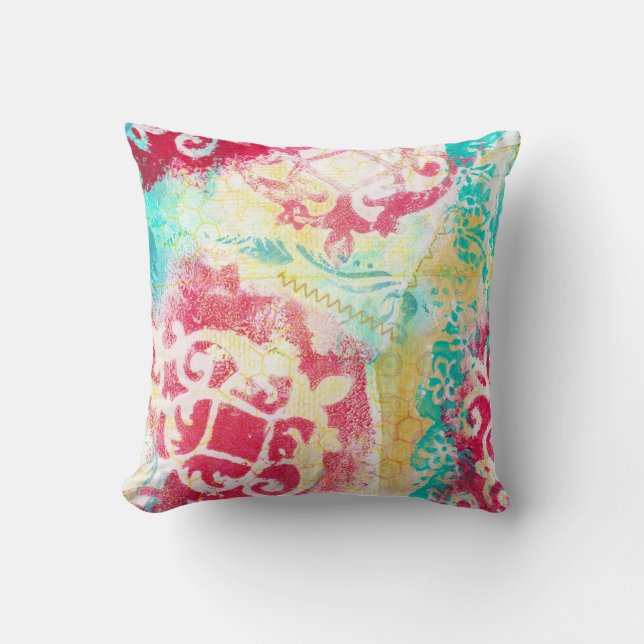 Modern turkos & Scarlet Mixed Media Art Cushion Kudde (Framsida)